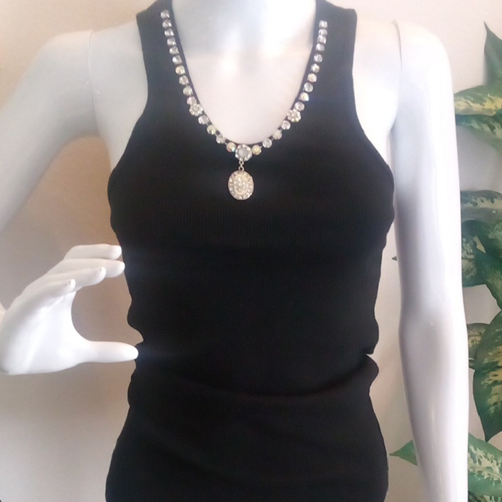 Elegant Bejeweled Black Sleeveless Designer Tank-Top - Size M